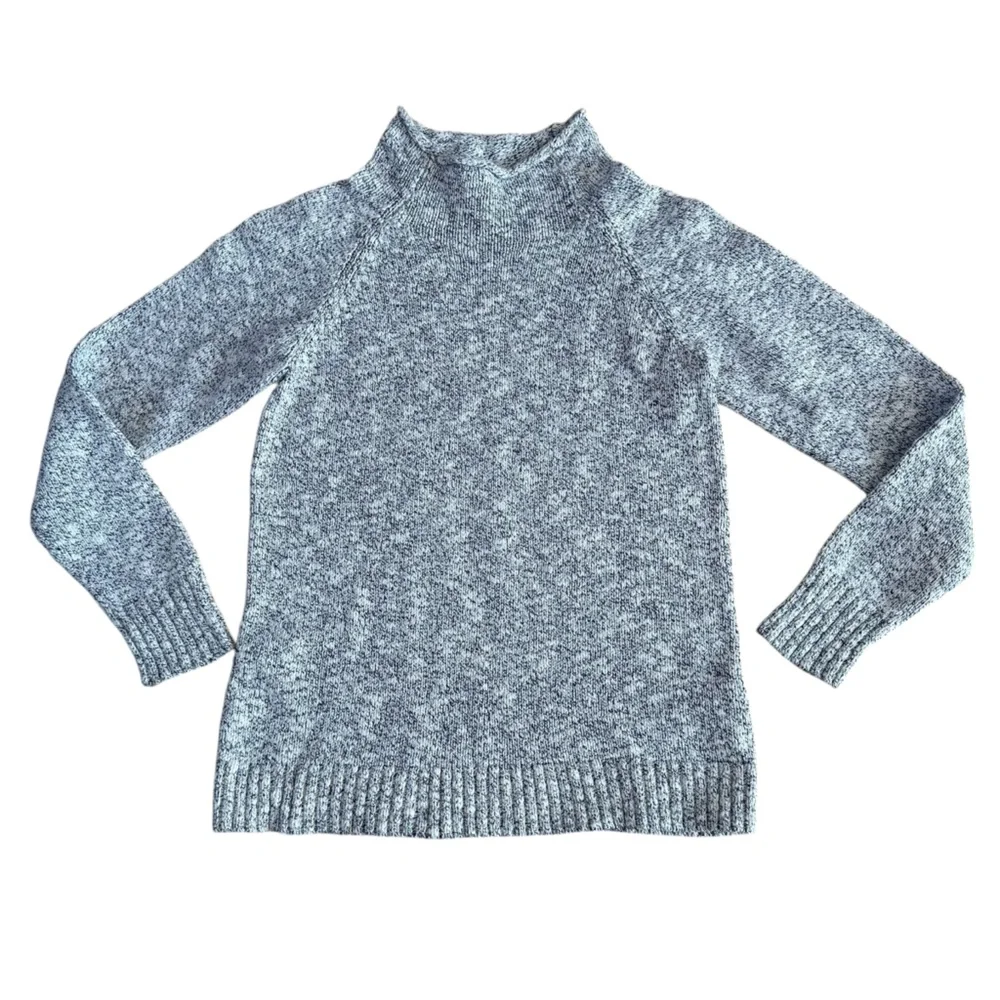 LL Bean Navy/White Marled Cotton Ragg Funnelneck Pullover Sweater‎ Size Small